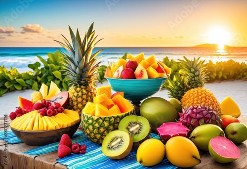 colorful tropical fruit salad beach table ocean summer picnic food display, exotic, fresh, healthy, delicious, juicy, ripe, vibrant, assorted, assortment