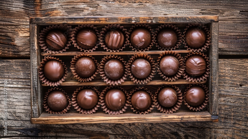 Assorted chocolate candies viewed from above in a flat lay arrangement for a detailed close up look on wooden background, banner Assorted chocolate candies viewed from above in a flat lay arrangement for a detailed close up look on wooden background, banner