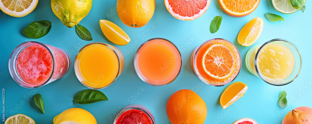 A citrus fresh juice background showcasing a variety of citrus juices in glasses, including orange, lemon, and grapefruit, all arranged on a bright blue surface A citrus fresh juice background showcasing a variety of citrus juices in glasses, including orange, lemon, and grapefruit, all arranged on a bright blue surface