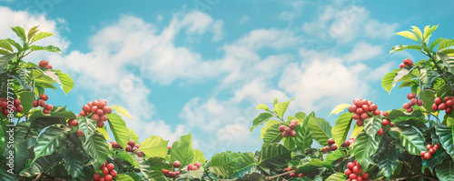 A coffee background showcasing a vibrant coffee plantation, with lush green coffee plants and ripe red coffee cherries, set against a bright blue sky