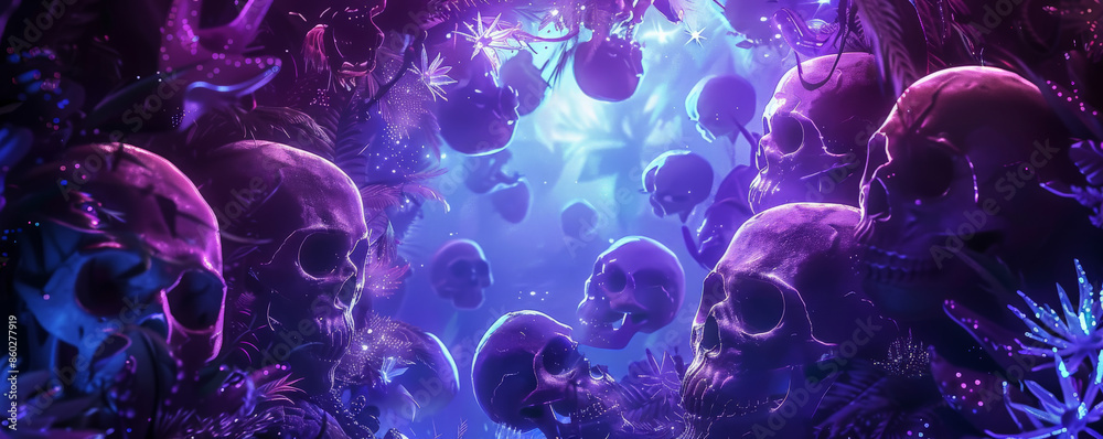 Obraz premium A fantasy human skull frame background with a frame made of ethereal, glowing skulls floating in a mystical pattern. The backdrop includes a magical cave with bioluminescent plants and sparkling