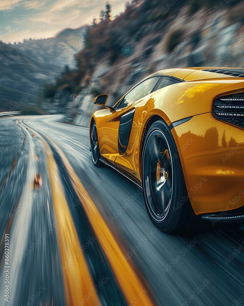 A yellow sports car speeds along a winding mountain road, leaving a blur of motion. The sunset casts a warm glow on the scene.