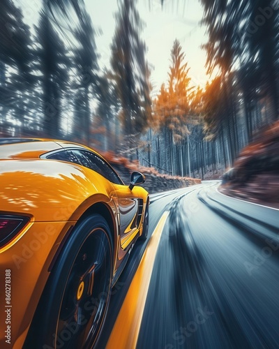 Wallpaper Mural A yellow sports car speeds through a winding road surrounded by autumn trees.  The motion blur emphasizes the car's speed and the surrounding landscape. Torontodigital.ca