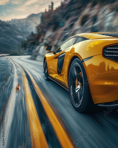 Obraz na płótnie A yellow sports car speeds along a winding mountain road, leaving a blur of motion. The sunset casts a warm glow on the scene. w salonie