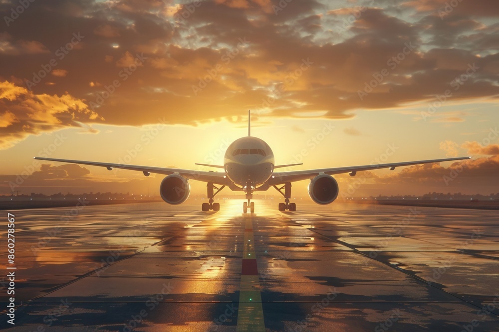 Airplane on runway at sunset, with clouds and sunbeams. Airplane on runway at sunset, with clouds and sunbeams.
