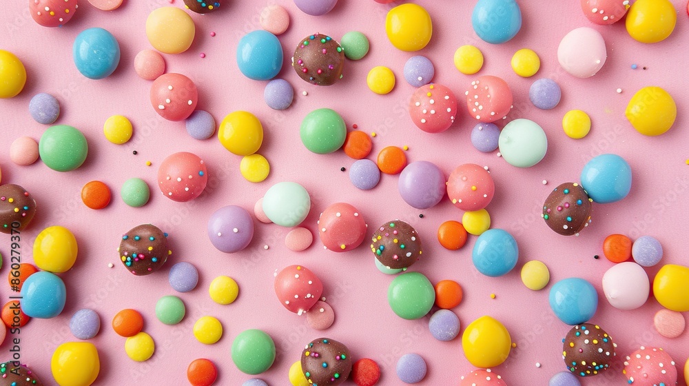 A Colorful Spread of Candy on a Pink Background A Colorful Spread of Candy on a Pink Background