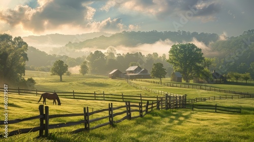 A horses is grazing in a lush green field background