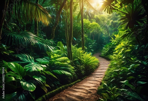 lush jungle path leading hidden beach through dense tropical greenery, adventure, exploration, discovery, journey, escape, getaway, wander, find, secret © Yaraslava
