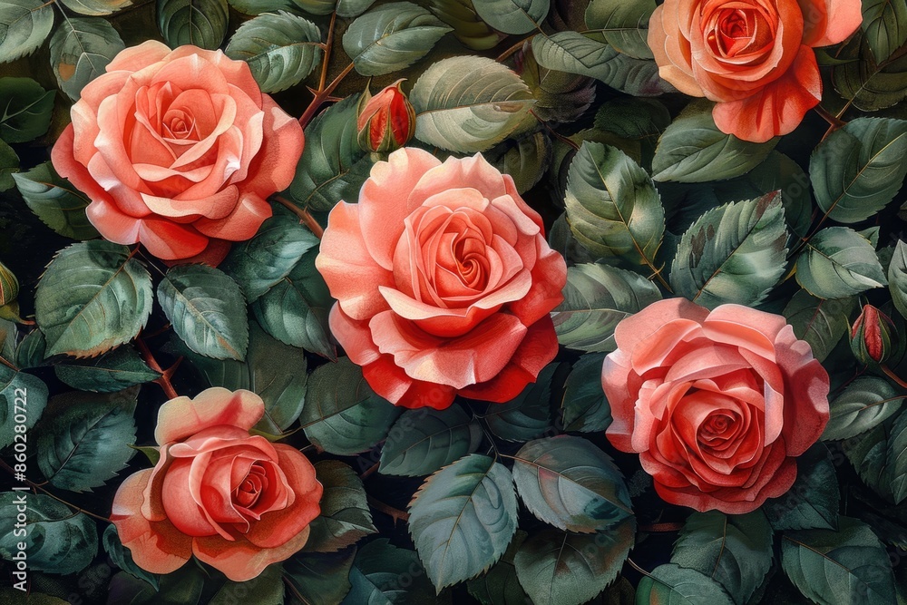 Seamless Pattern of Pink Roses and Green Leaves on a Flowers Background Seamless Pattern of Pink Roses and Green Leaves on a Flowers Background