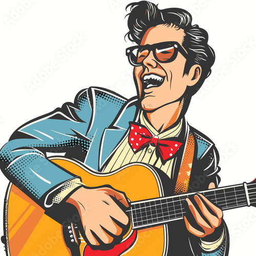 A man in a suit and bow tie is playing a guitar. He is smiling and he is enjoying himself in retro comic style.