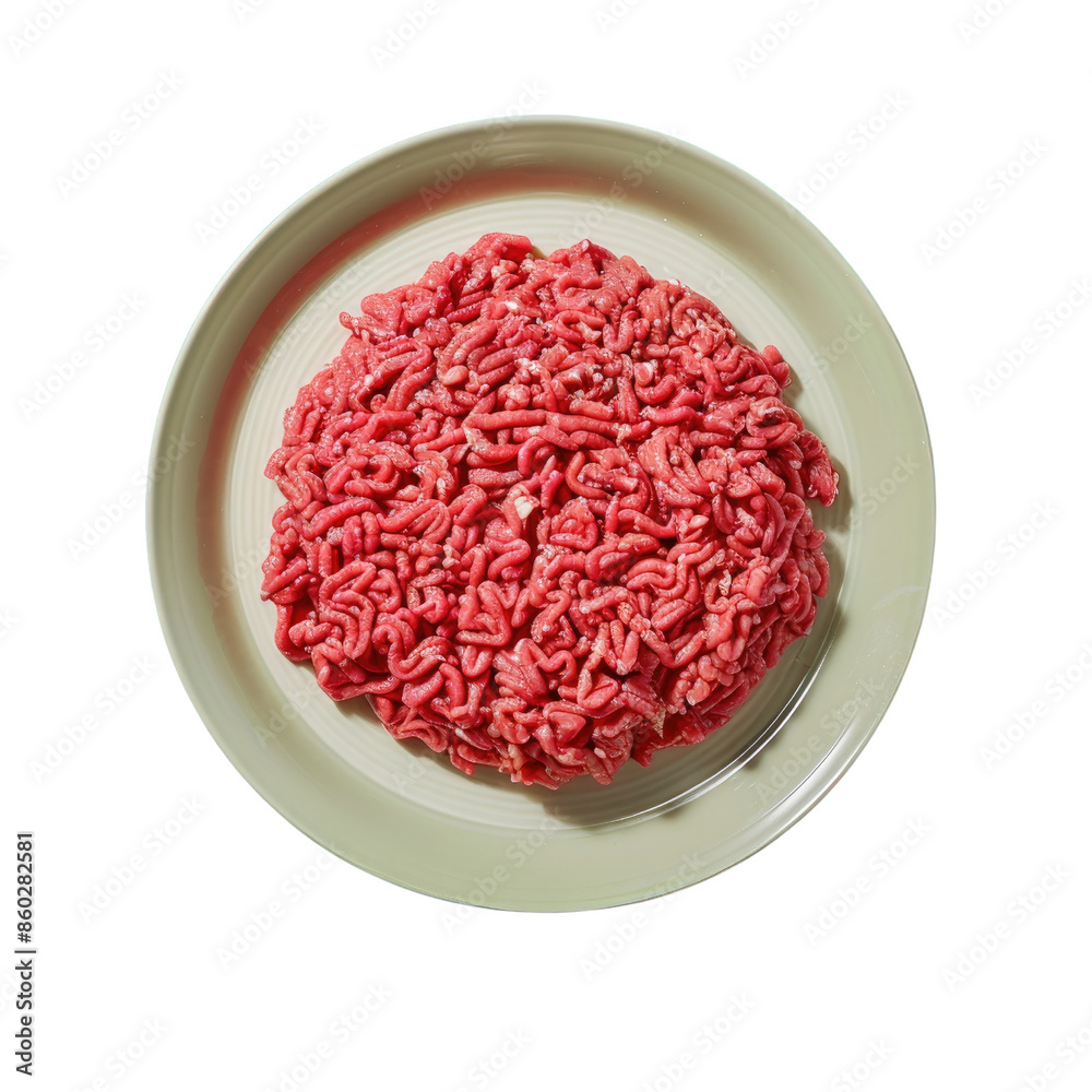 Top view of fresh raw ground beef on a round plate, transparent background