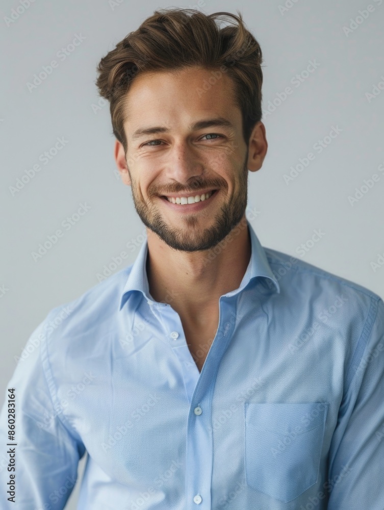 A person wearing a bright blue shirt smiling directly at the camera, looking friendly and approachable A person wearing a bright blue shirt smiling directly at the camera, looking friendly and approachable