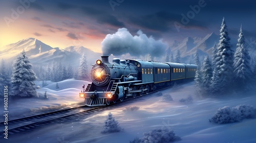 black steam locomotive in the snowy landscape forest mountains of Harz Germany in winter with snow, Steam engine train