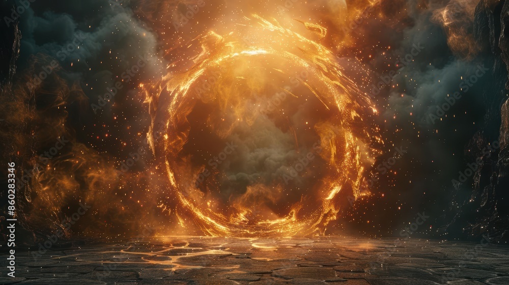 Fototapeta premium A mystical, fiery circular portal glowing bright against a dramatic cloudy background, conjuring themes of fantasy and epic adventure.