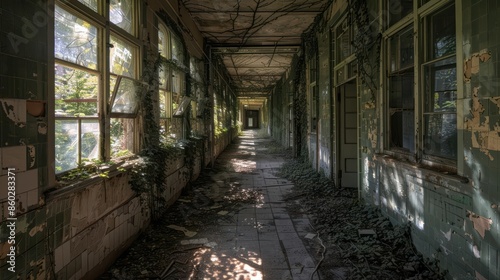 Abandoned hallway with peeling paint, broken windows, and overgrown plants creating an eerie, forgotten atmosphere in a derelict building.