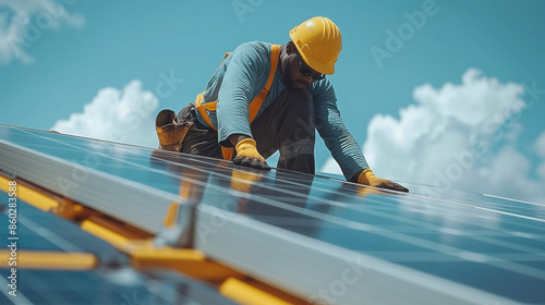 a worker installing a panel solar cell energy on a roof  © Ramses