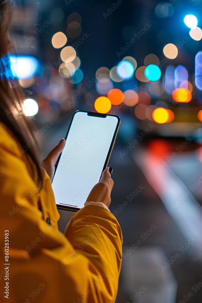 Woman Using Smartphone in a City at Night Woman Using Smartphone in a City at Night