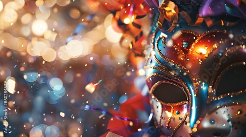 Party mask with blurred bokeh party background. Masquerade disguise with confetti photo