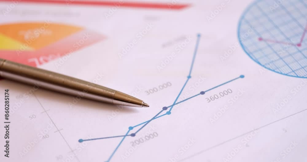Ballpoint pen and documents with graphs lying on desk for managers closeup 4k movie. Financial accounting concept Ballpoint pen and documents with graphs lying on desk for managers closeup 4k movie. Financial accounting concept