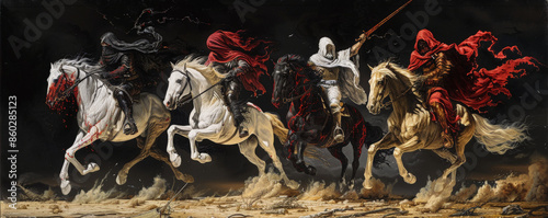 Depiction of the Four Horsemen of the Apocalypse: white for conquest, red for war, black for pestilence or famine, and pale for death - all against a stark black background with a barren desert