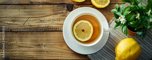 Panel kuchenny z motywem A serene tea background with a cup of lemon tea, fresh lemon slices, and a small potted plant on a wooden table