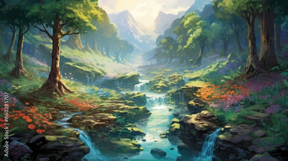 A tranquil forest landscape with a gentle river flowing through, surrounded by lush greenery and colorful flowers under a serene sky. A tranquil forest landscape with a gentle river flowing through, surrounded by lush greenery and colorful flowers under a serene sky.