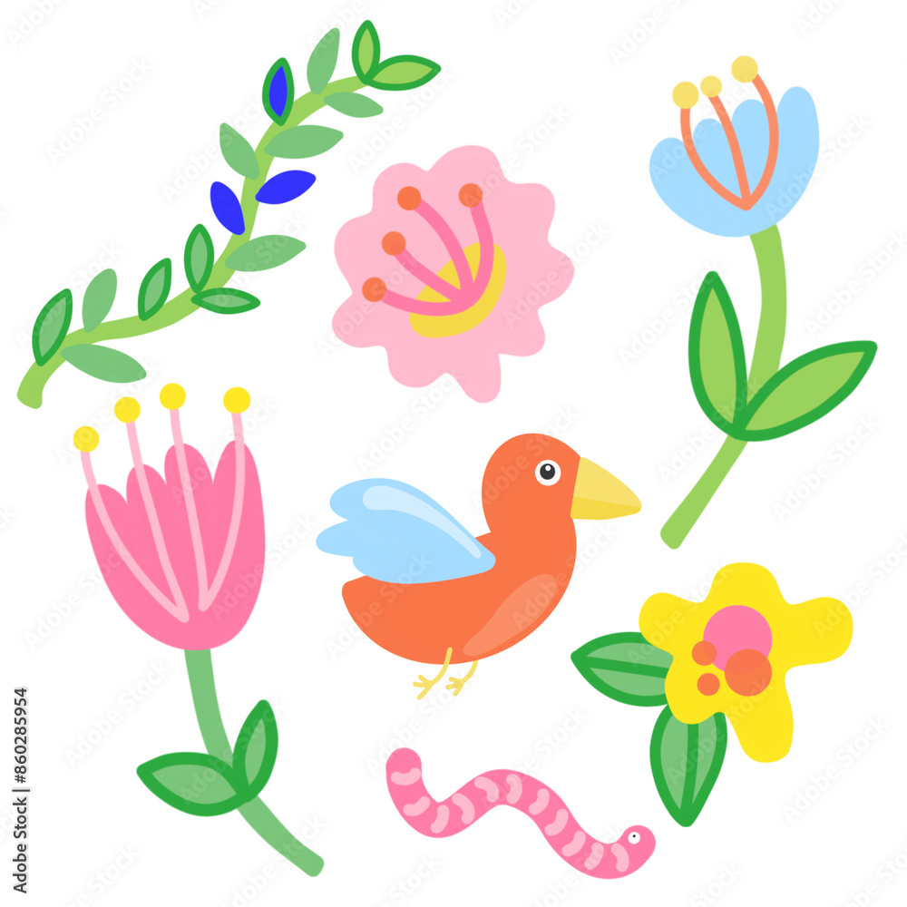 Naklejka premium Colorful illustration of flowers, bird, and worm