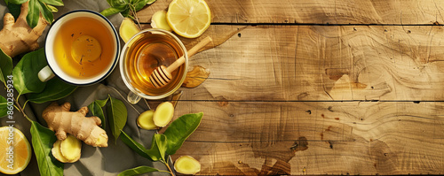 A wellness tea background showcasing a cup of herbal tea, fresh ginger slices, honey, and lemon, all placed on a natural wooden surface