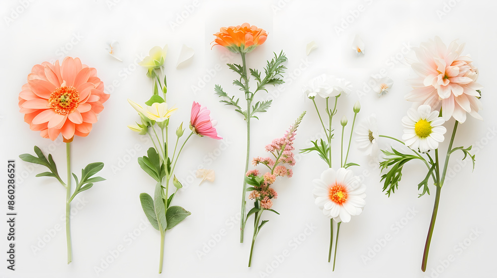 Obraz premium Flat lay of fresh flowers on white background : Generative AI