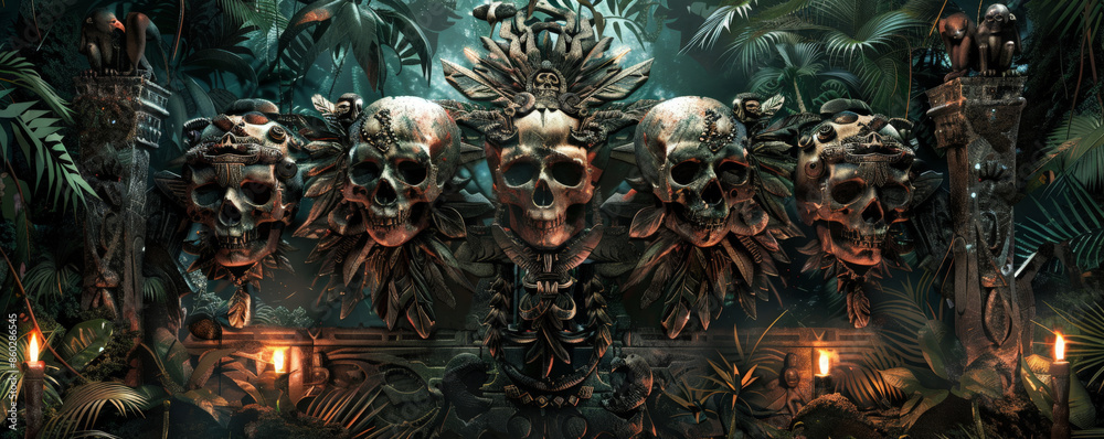 Fototapeta premium A tribal human skull frame background with a frame crafted from decorated skulls and feathers, arranged in a ritualistic pattern. The background includes a dense jungle with ancient tribal totems and