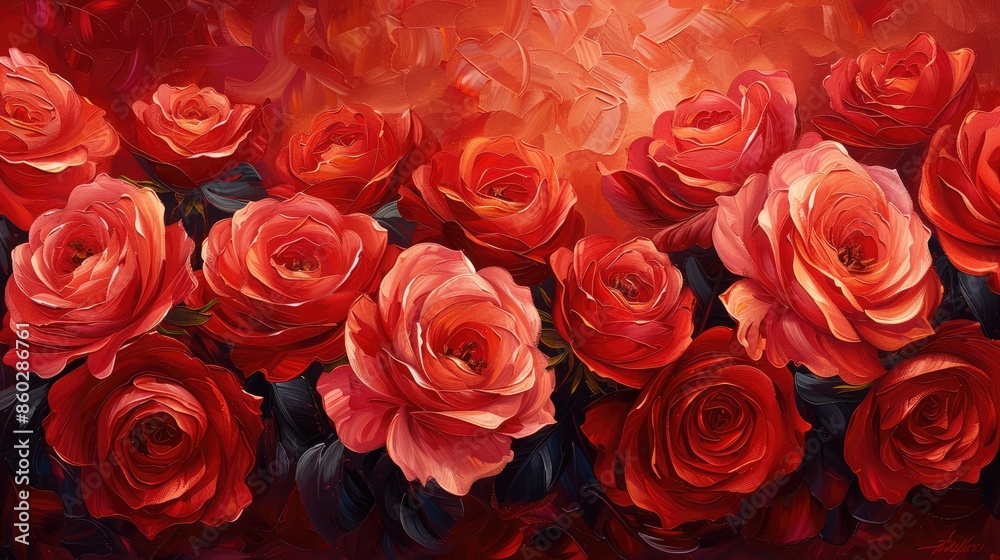 Red Roses Painting on Red Background. Vibrant and Elegant Floral Artwork. Beautiful Seamless Pattern with Brush Stroke Oil Painting. Wall Art Illustration Red Roses Painting on Red Background. Vibrant and Elegant Floral Artwork. Beautiful Seamless Pattern with Brush Stroke Oil Painting. Wall Art Illustration