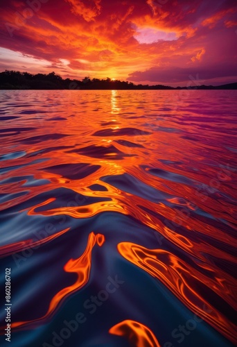 vibrant sunset colors reflecting rippling water surface dusk, orange, pink, purple, sky, horizon, nature, serene, peaceful, evening, beauty, scenery, reflection photo