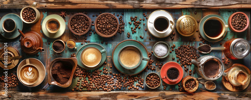 A vibrant coffee background showcasing an array of coffee-related items, including cups, saucers, coffee beans, and a vintage coffee sign, all arranged on a wooden surface