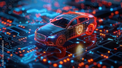 Futuristic car on a neon-lit circuit board, symbolizing advanced automotive technology and cybersecurity