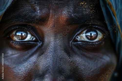 Emotive Close-Up of a Refugee's Eyes Reflecting Struggle and Hope © spyrakot