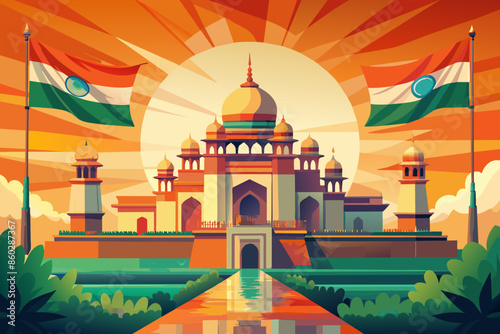 taj mahal agra country. Illustration of the Taj Mahal illuminated by sunlight, with Indian flags on both sides, celebrating India's independence and cultural heritage
