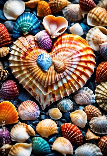 heart shape made shells displayed artistic decorative arrangement, beautiful, decoration, design, marine, natural, pattern, sea, seashells, texture, white