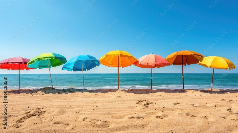 Colorful beach umbrellas in a row along the golden shoreline under a bright summer sun. Colorful beach umbrellas in a row along the golden shoreline under a bright summer sun.