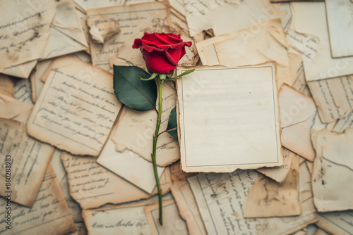 Romantic nostalgia captured with roses and vintage love letters. Echoes from a bygone era. Ideal for historical fiction and antique-themed creative projects.