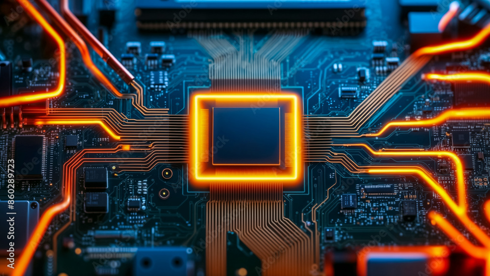Fototapeta premium Computer circuit board with chips illuminated by orange glowing lines and wires. Background for themes related to technology, electronics, and innovation.