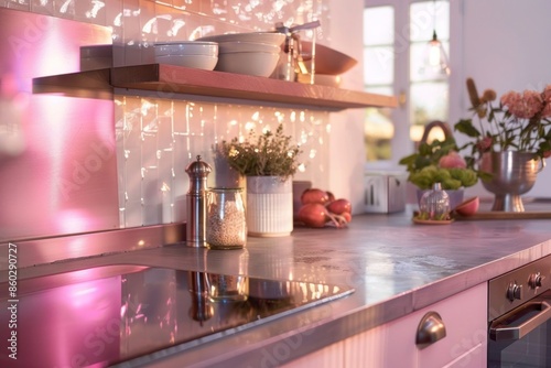 An industrial-style metal countertop shining under a soft pink hue.
