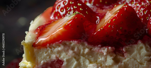 Close-up of fast food strawberry cheesecake showcasing detailed textures of the creamy filling and fresh strawberries