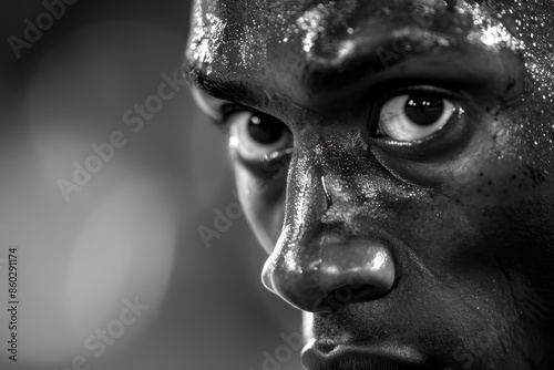 Intense Close-Up of Sprinter's Focused Expression and Determination Before Race