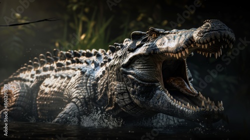 Crocodile With Open Mouth In Dark Water