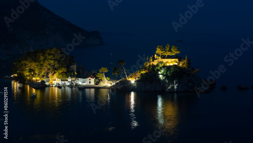 Panagia island in Parga at night, Greece photo