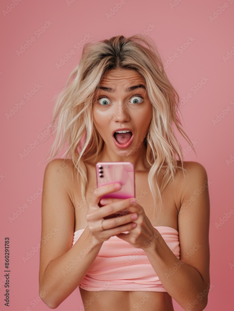 A woman wearing a pink bikini holds a cell phone, possibly taking a selfie or checking her phone A woman wearing a pink bikini holds a cell phone, possibly taking a selfie or checking her phone
