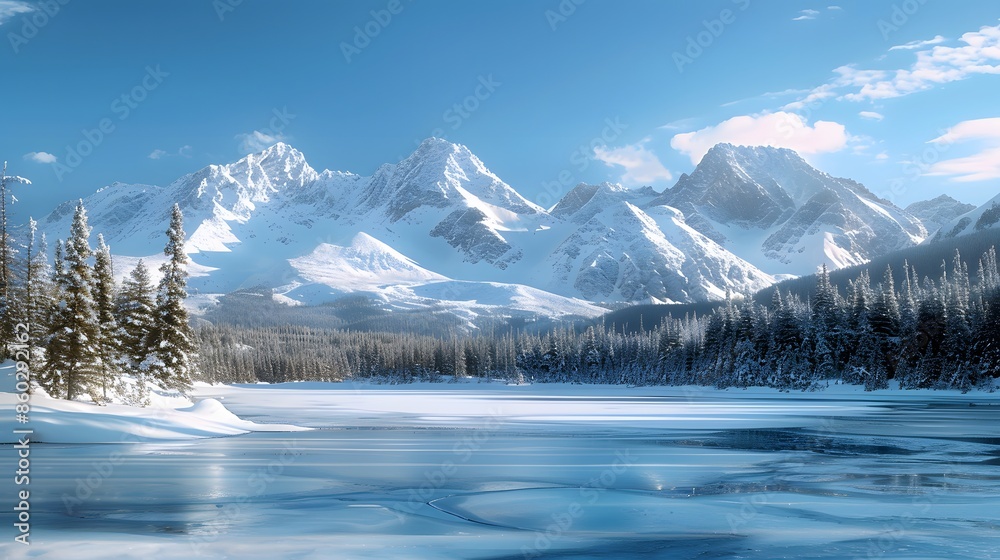 Snow-Capped Mountains with Pine Trees and Frozen Lake Snow-Capped Mountains with Pine Trees and Frozen Lake