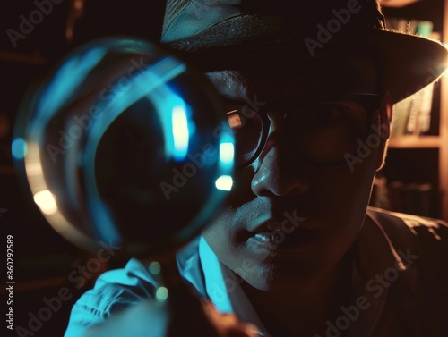 Medium shot of detective man holding a magnifying glass, themed background,  photo