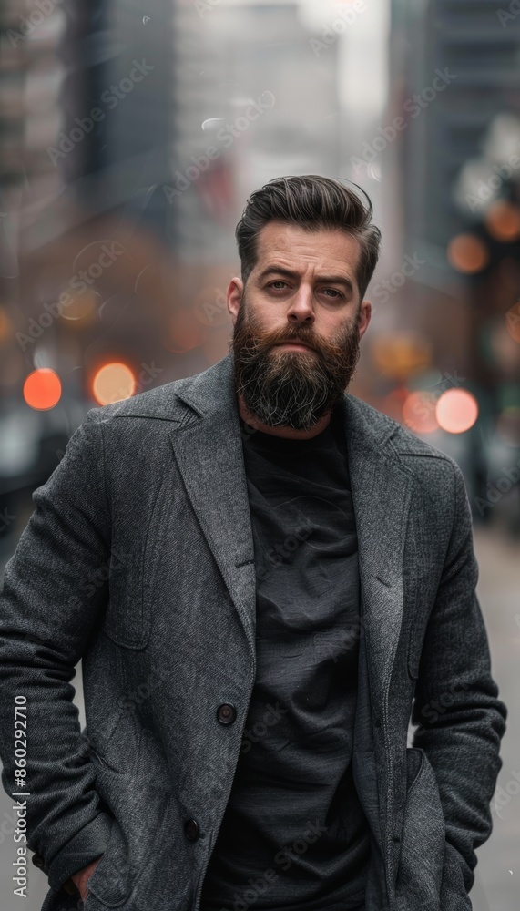Confident Bearded Man in Stylish Outdoor Urban Setting with Modern City Background Confident Bearded Man in Stylish Outdoor Urban Setting with Modern City Background