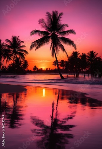 vibrant sunrise painting deserted beach, horizontal, tranguil, peaceful, ocean, waves, sand, calm, morning, sunlight, seashore, coastline, serene, idyllic,